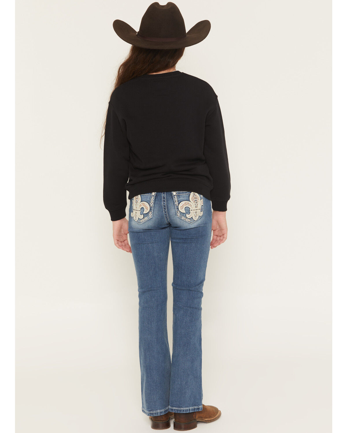 Image #1 - Miss Me Girls' Medium Wash Fleur de Lis Pocket Bootcut Denim Jeans, Medium Wash, hi-res