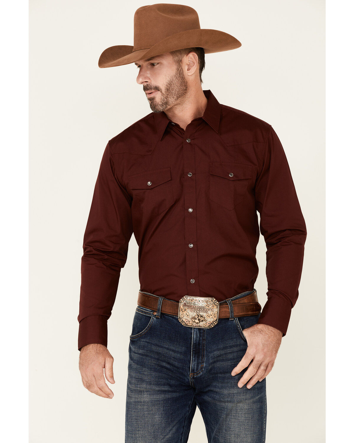 Image #1 - Gibson Men's Basic Solid Long Sleeve Pearl Snap Western Shirt - Big, Burgundy, hi-res