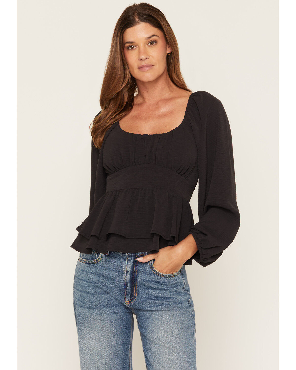 Image #1 - Originality Women's Boot Barn Exclusive Emma Double Layer Peplum Top, Charcoal, hi-res
