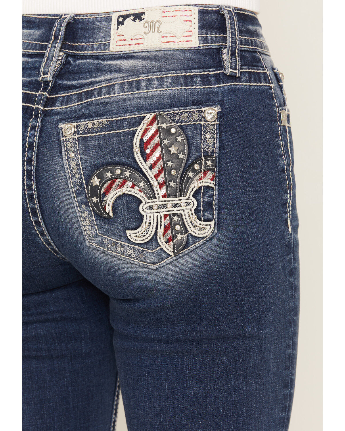 Image #2 - Miss Me Women's Dark Wash Americana Fleur de Lis Bootcut Stretch Denim Jeans, Dark Wash, hi-res