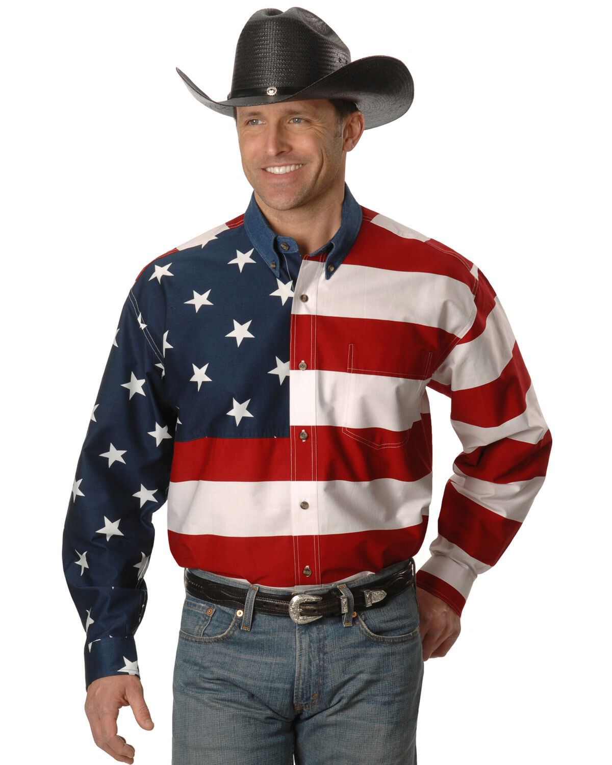 Image #1 - Roper Men's American Flag Long Sleeve Western Shirt, White, hi-res