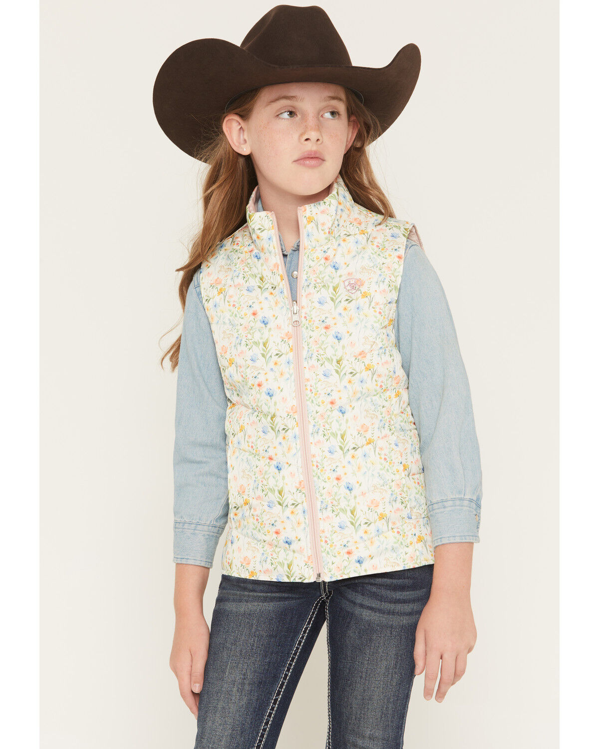 Image #1 - Ariat Girls' Bella Floral Print Reversible Vest, Multi, hi-res