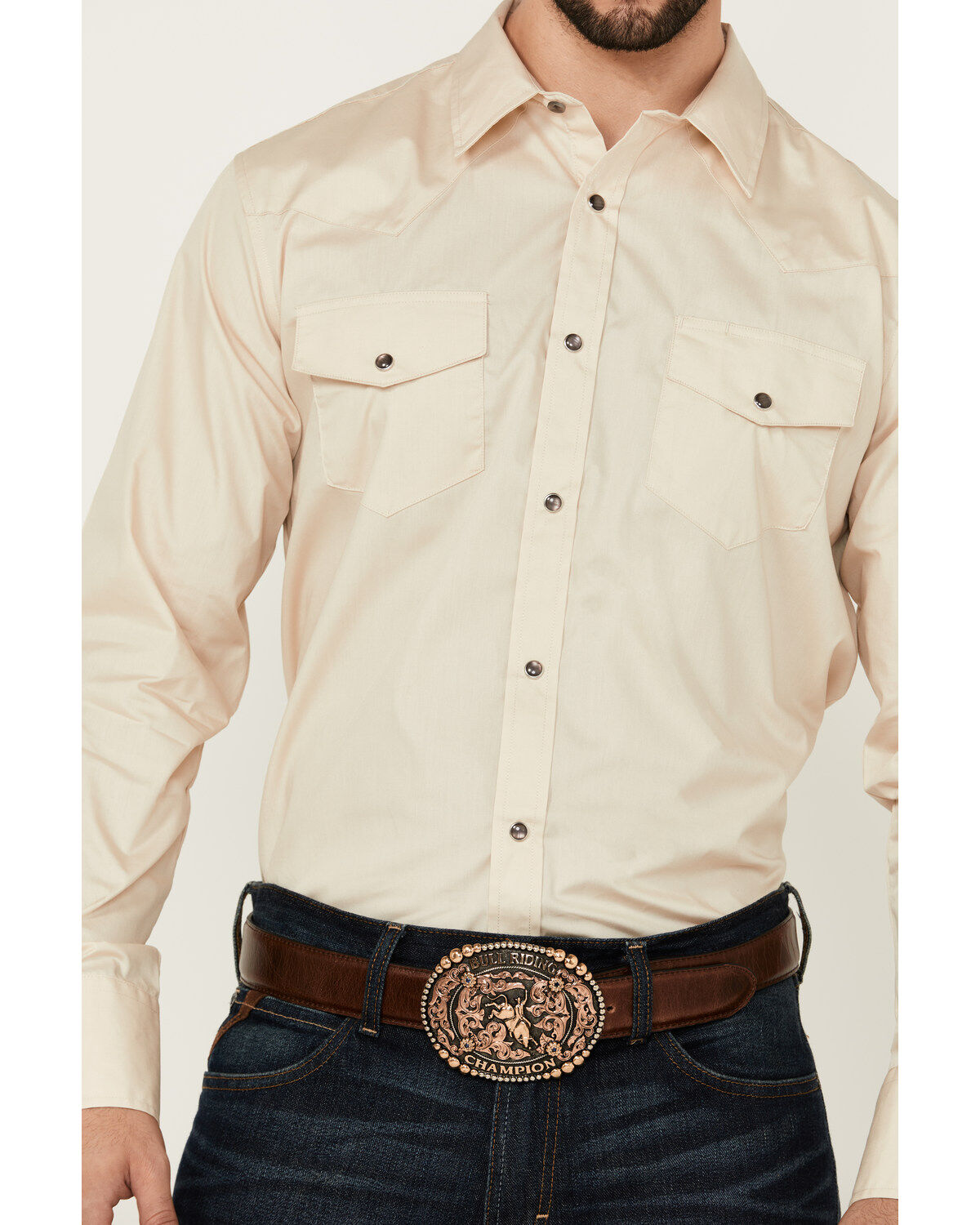 Image #3 - Gibson Men's Basic Solid Long Sleeve Pearl Snap Western Shirt, Tan, hi-res