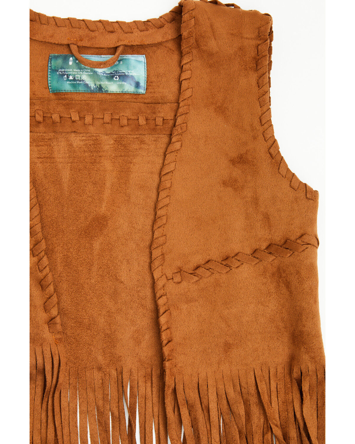 Image #2 - Fornia Girls' Whipstitch Fringe Faux Suede Vest, Camel, hi-res