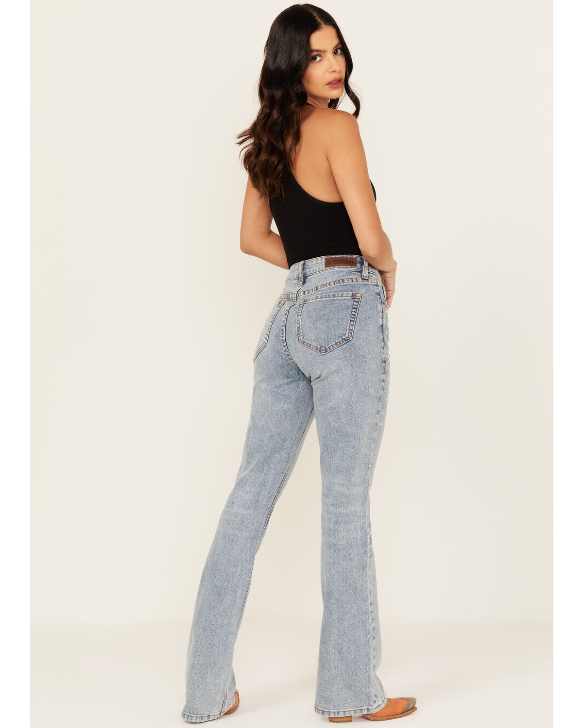 Image #3 - Rock & Roll Denim Women's Light Wash High Rise Rhinestone Studded Bootcut Stretch Denim Jeans, Light Wash, hi-res