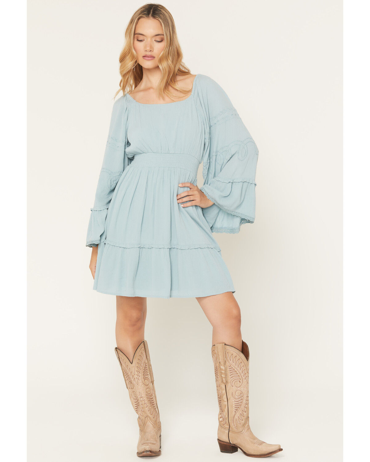 Image #1 - Shyanne Women's Highlands Embroidered Long Bell Sleeve Mini Dress, Aqua, hi-res