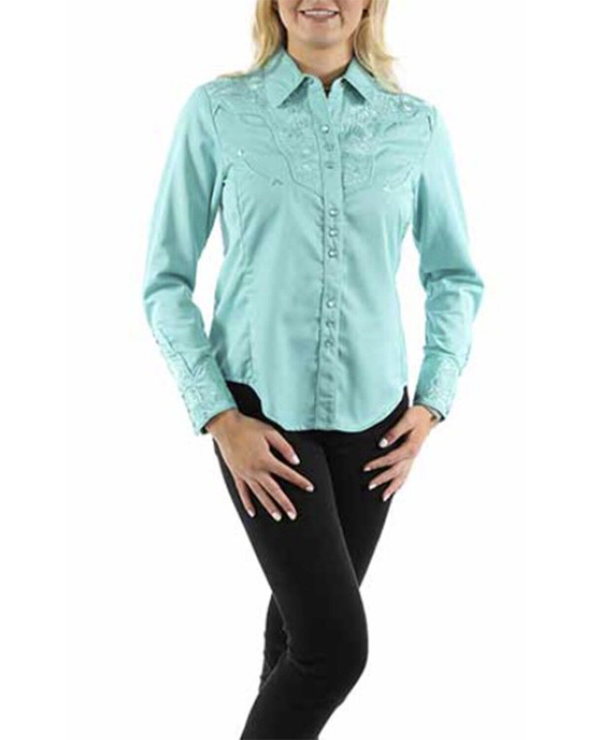 Image #1 - Scully Women's Floral Embroidered Long Sleeve Snap Western Shirt, Turquoise, hi-res