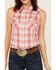 Image #3 - Wrangler Retro Women's Boot Barn Exclusive Plaid Print Sleeveless Pearl Snap Shirt, Red, hi-res