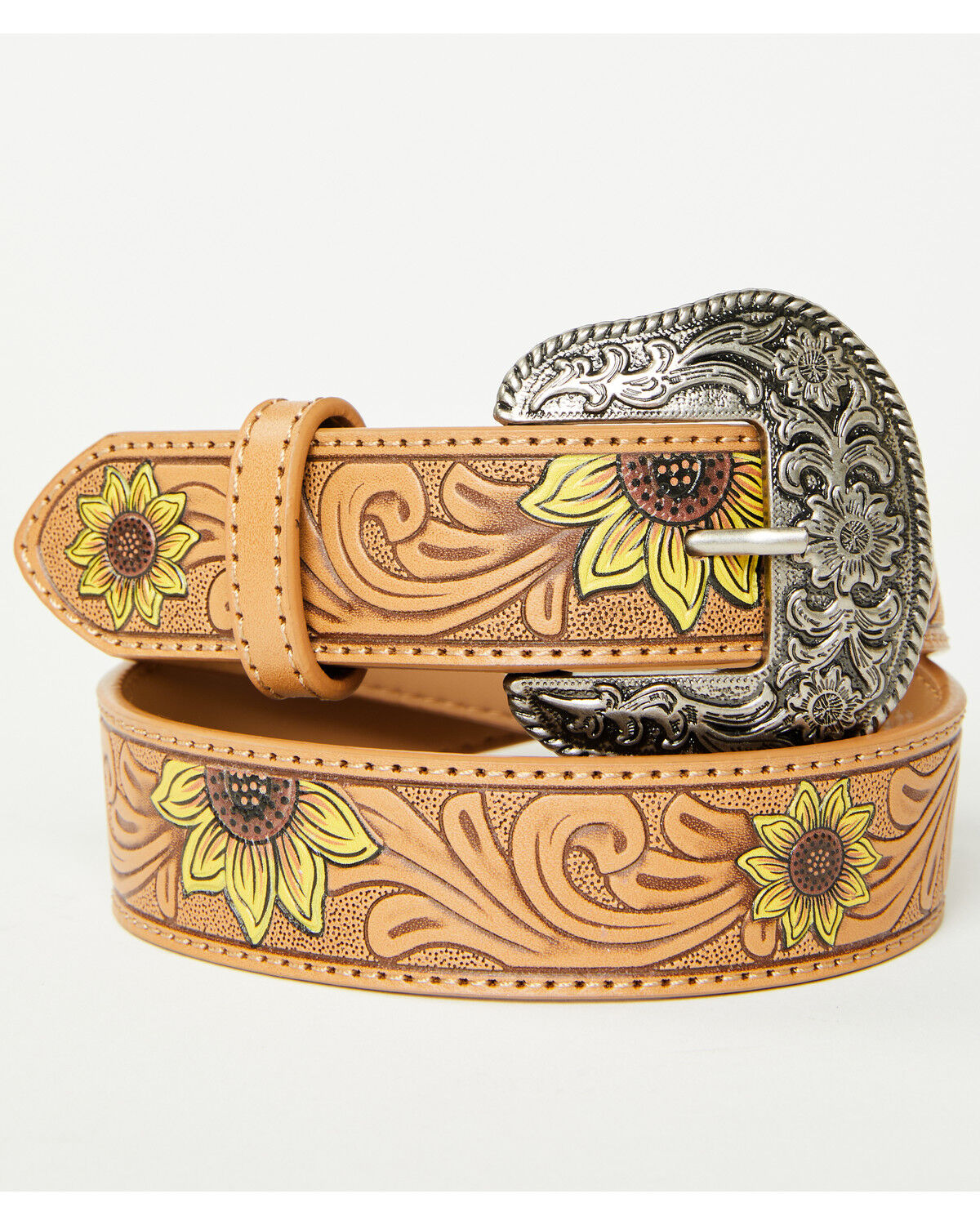 Image #1 - Shyanne Girls' Ellie Sunflower Tooled Belt, Brown, hi-res