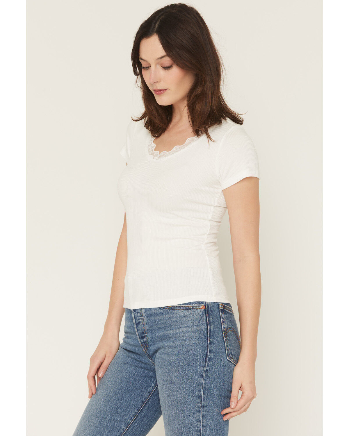 Image #2 - Blue Life Women's Lana Basic Lace V Neck Shirt, White, hi-res