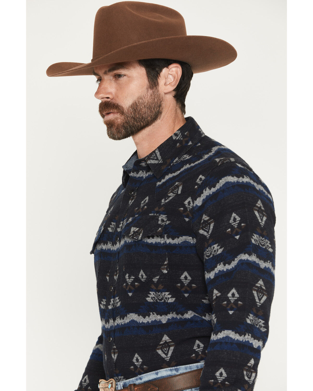 Image #2 - Cody James Men's Ironwood Southwestern Striped Long Sleeve Snap Flannel Shirt, Navy, hi-res