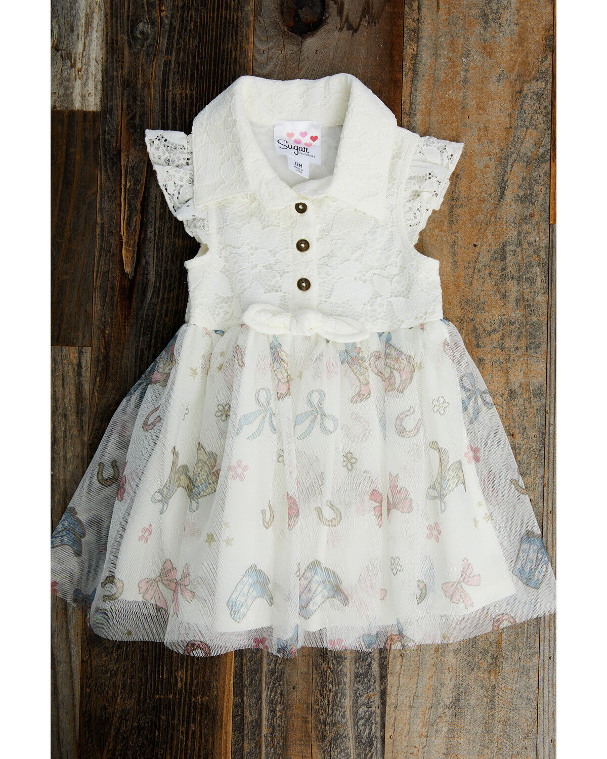 Image #1 - Sugar California Infant Girls' Boots and Bows Printed Lace Dress, Cream, hi-res