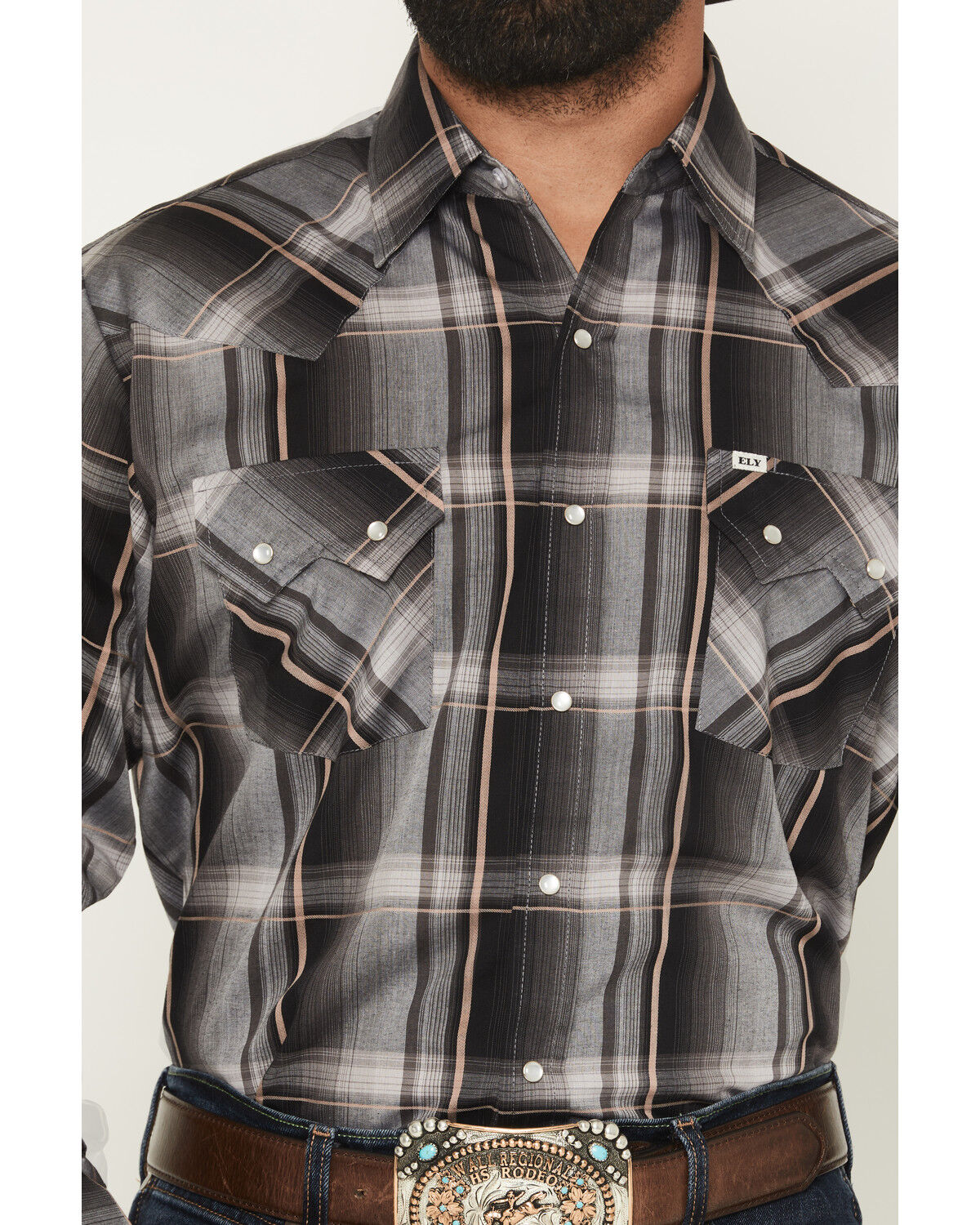 Image #3 - Ely Walker Men's Plaid Print Long Sleeve Pearl Snap Western Shirt, Black, hi-res