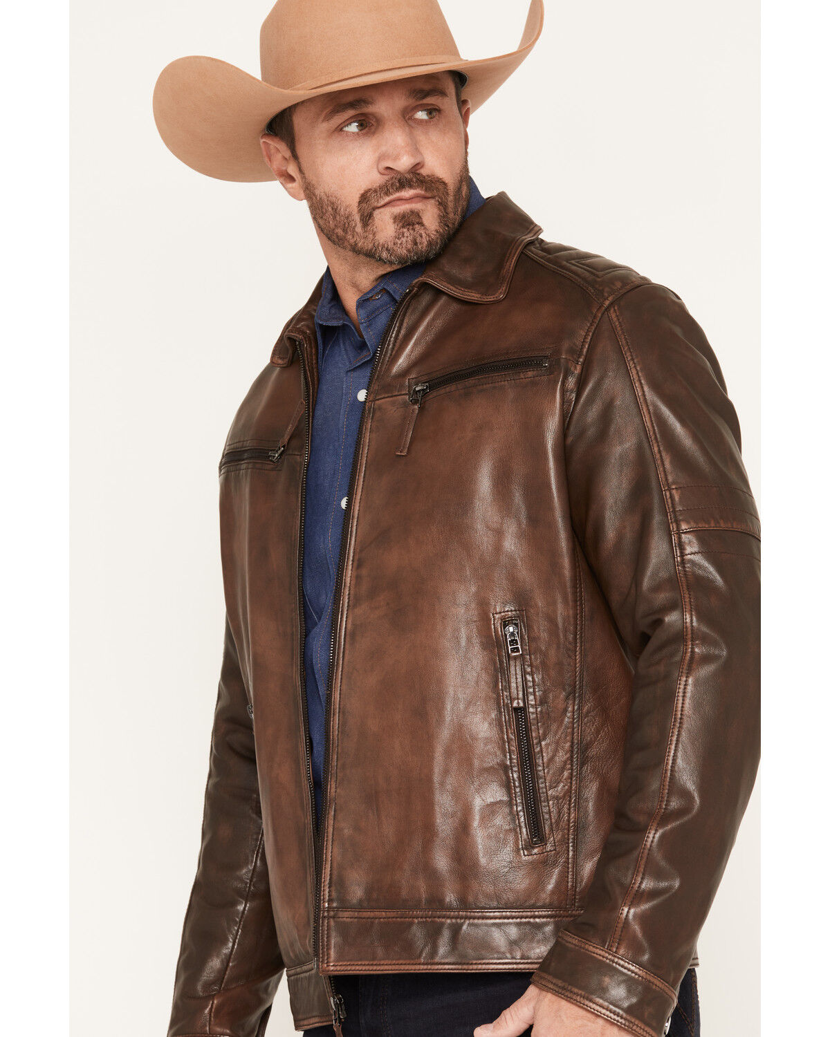Image #2 - Scully Men's Leather Moto Jacket, Brown, hi-res