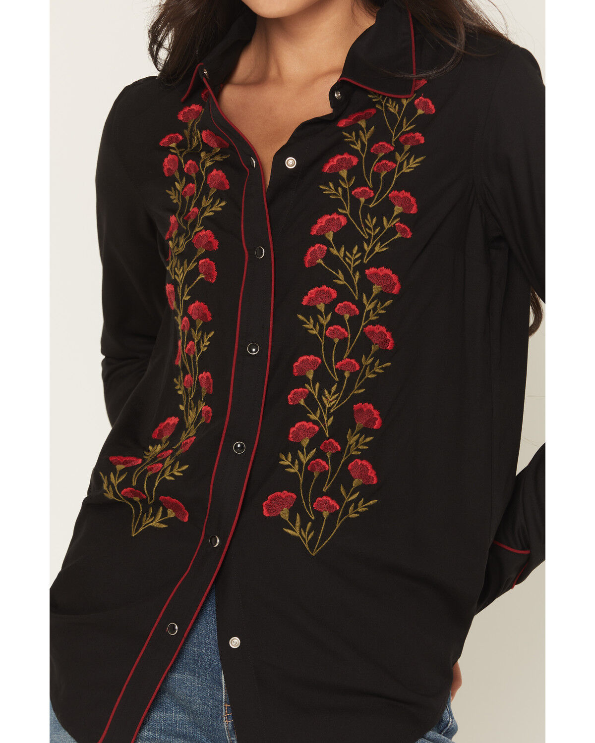 Image #3 - Rock & Roll Denim Women's Floral Embroidered Retro Snap Western Shirt, Black, hi-res