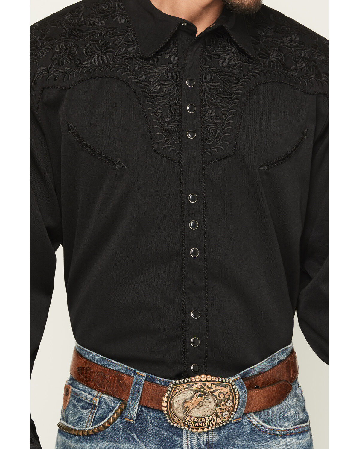 Image #3 - Scully Men's Floral Embroidered Retro Long Sleeve Snap Western Shirt, Jet Black, hi-res