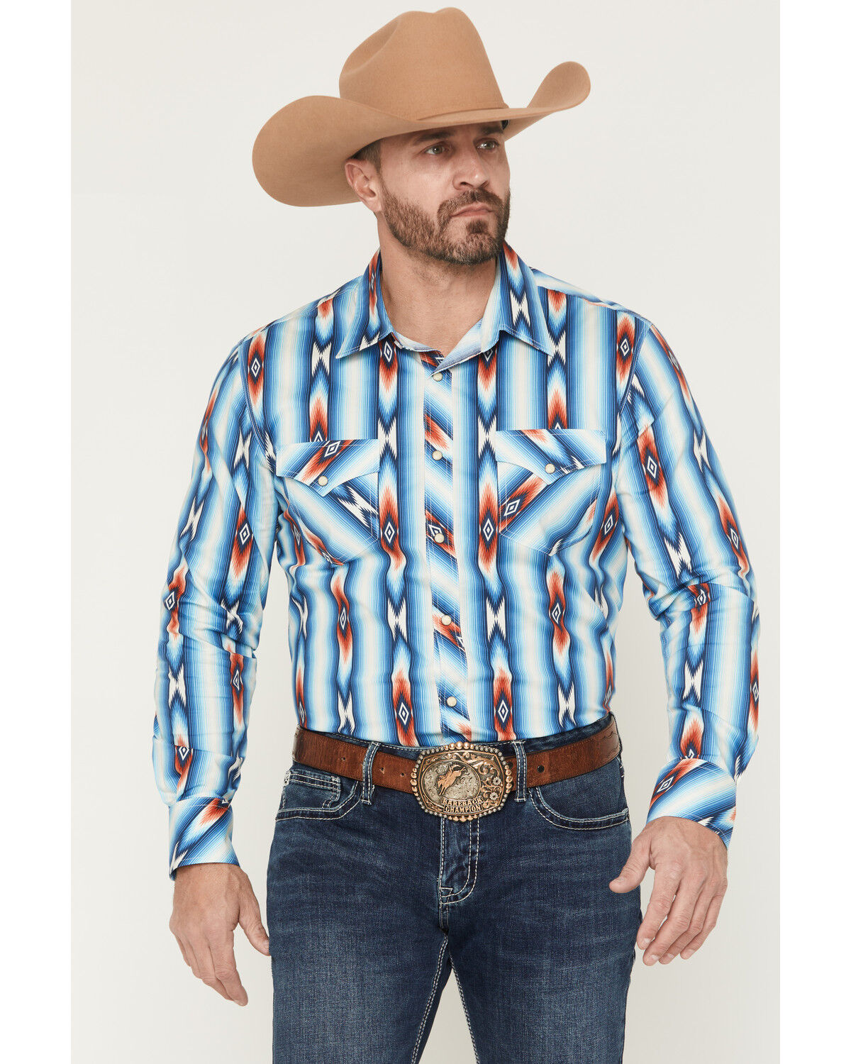Image #1 - Rock & Roll Denim Men's Southwestern Striped Long Sleeve Snap Stretch Western Shirt, Blue, hi-res