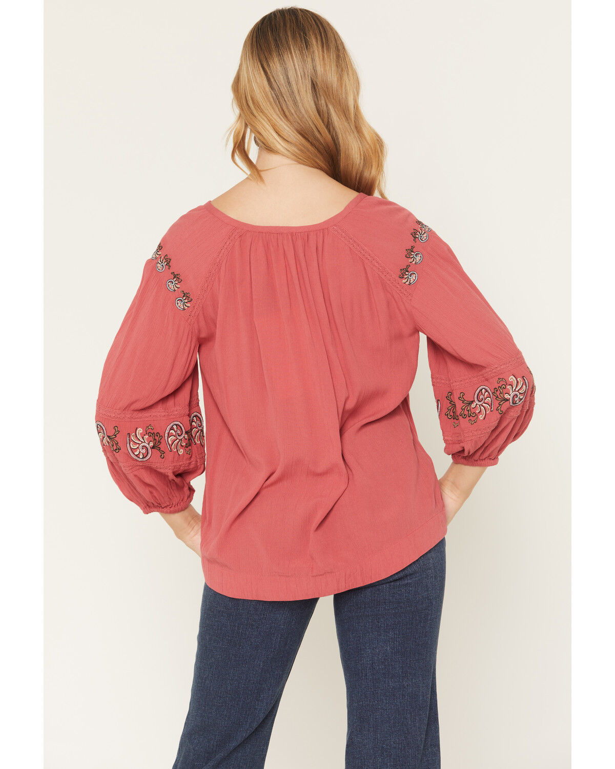 Image #4 - Shyanne Women's Barberry 3/4 Sleeve Embroidered Peasant Top, Dark Pink, hi-res