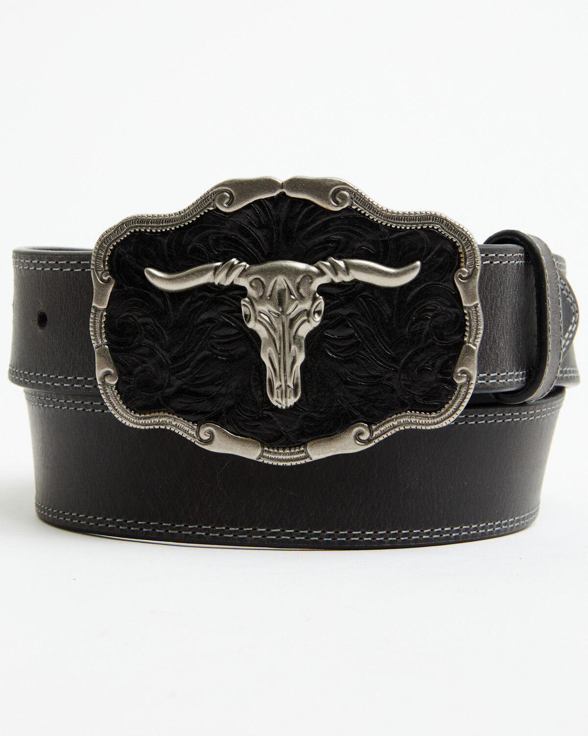 Image #1 - Cody James Men's Long Horn Skull Buckle Belt, Black, hi-res