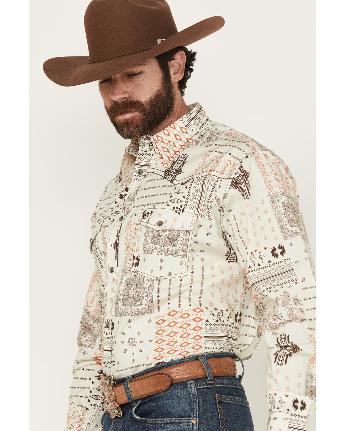 Image #2 - Cowboy Hardware Men's Southwestern Print Long Sleeve Snap Stretch Western Shirt, Tan, hi-res