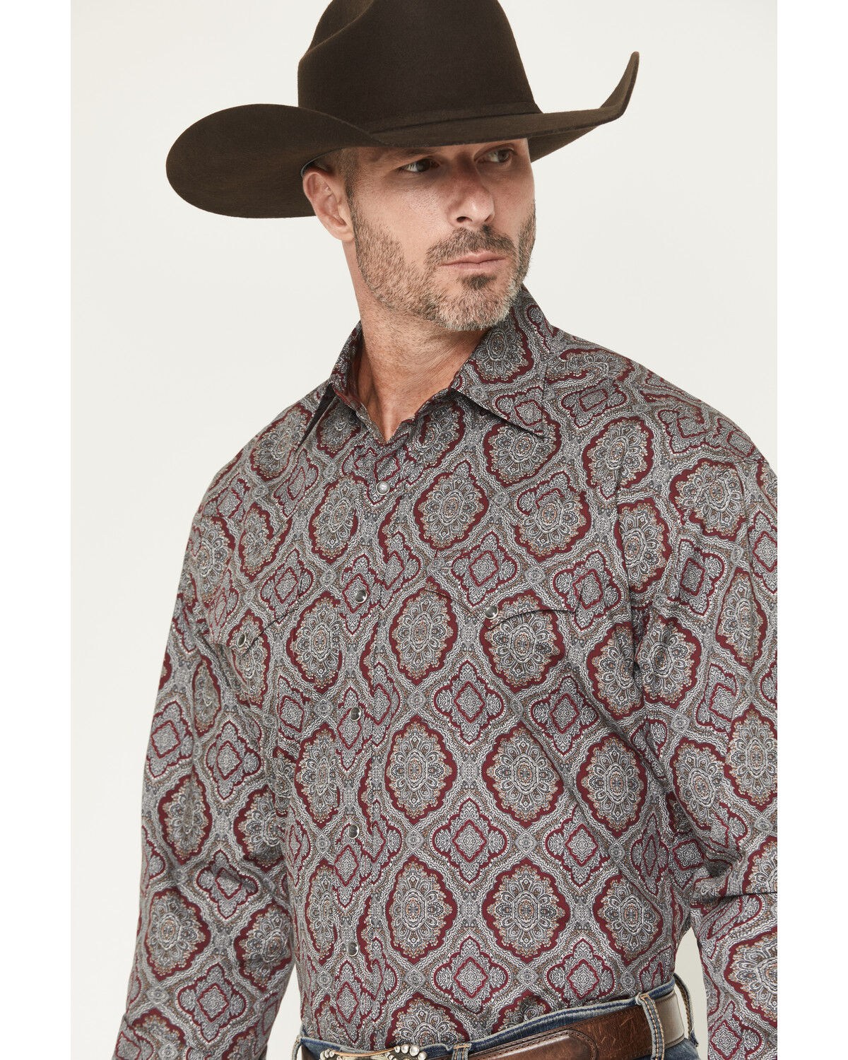 Image #2 - Stetson Men's Medallion Print Long Sleeve Snap Western Shirt, Wine, hi-res