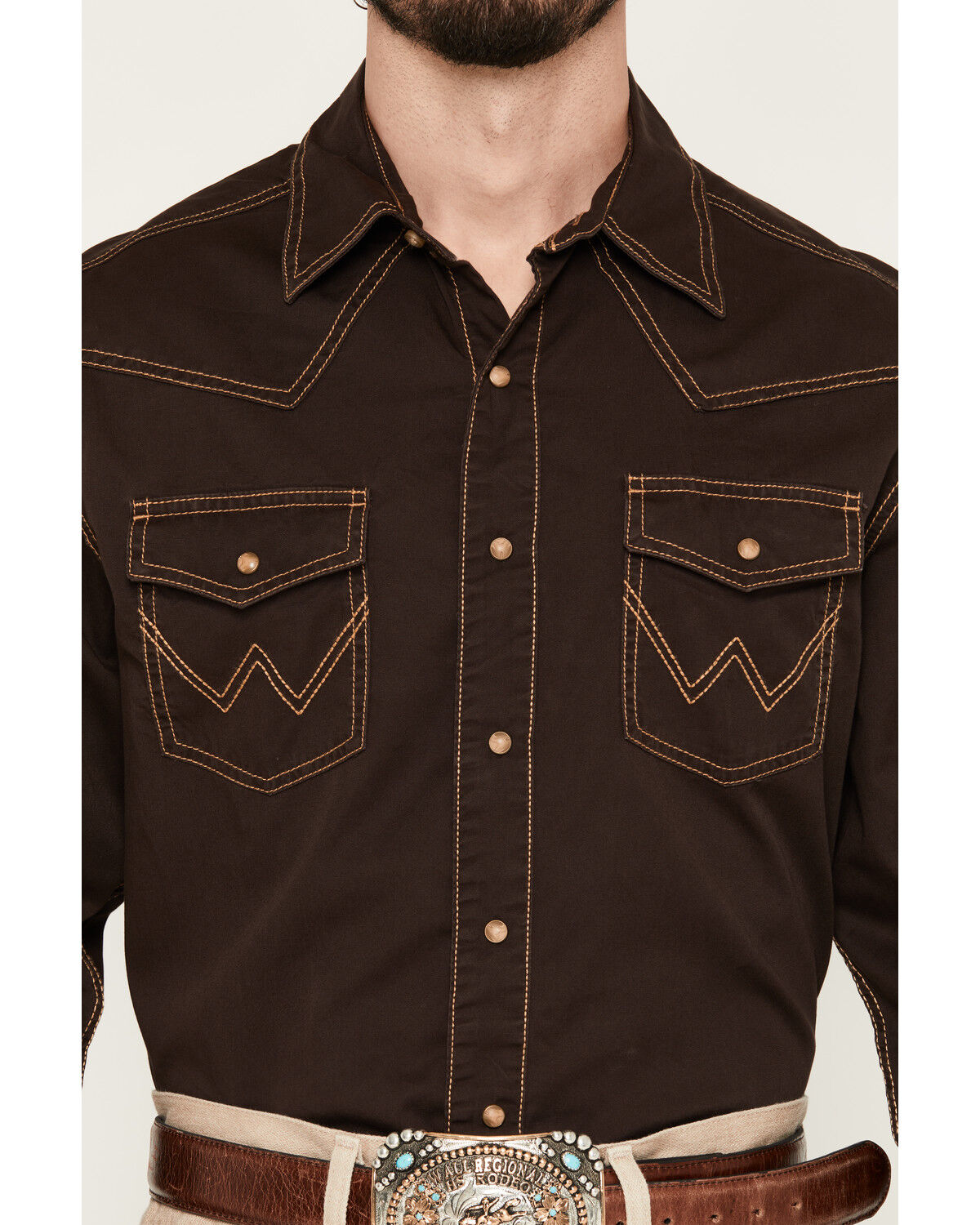 Image #3 - Wrangler Retro Men's Solid Long Sleeve Snap Western Shirt, Brown, hi-res