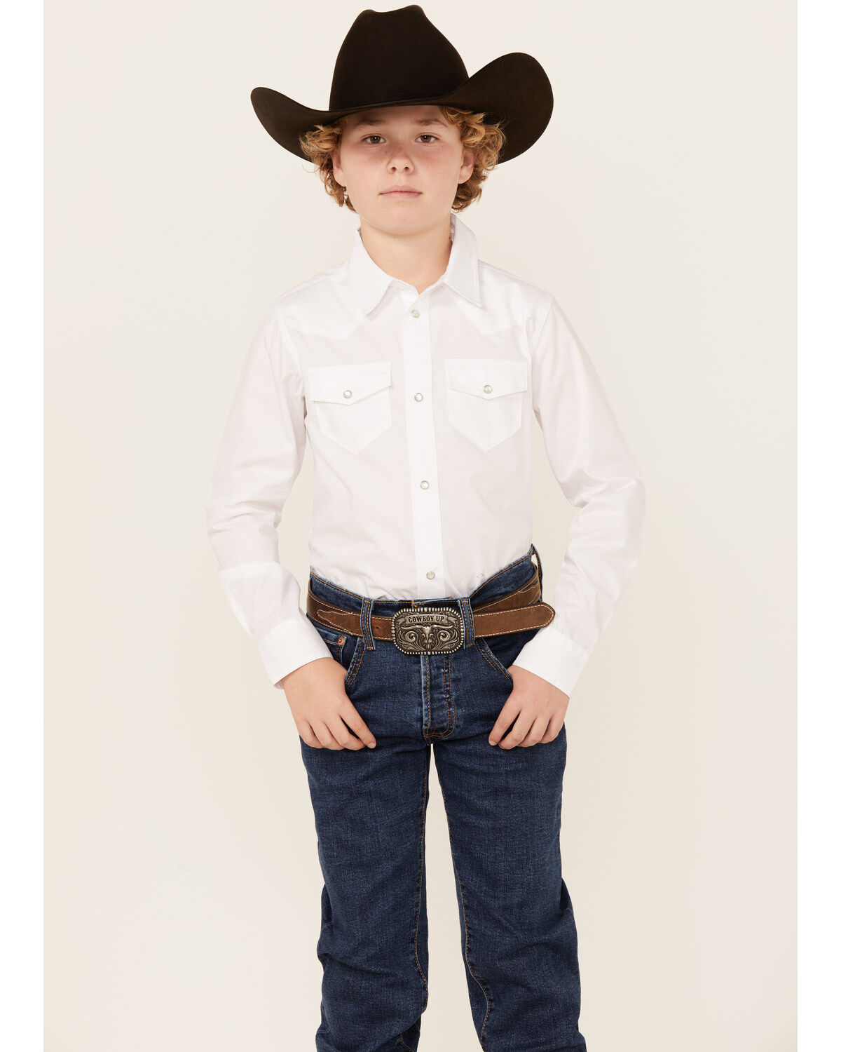 Gibson Trading Co Boys' Solid Long Sleeve Pearl Snap Western Shirt, White, hi-res