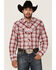 Image #1 - Roper Men's Plaid Print Embroidered Applique Long Sleeve Snap Western Shirt, Red, hi-res