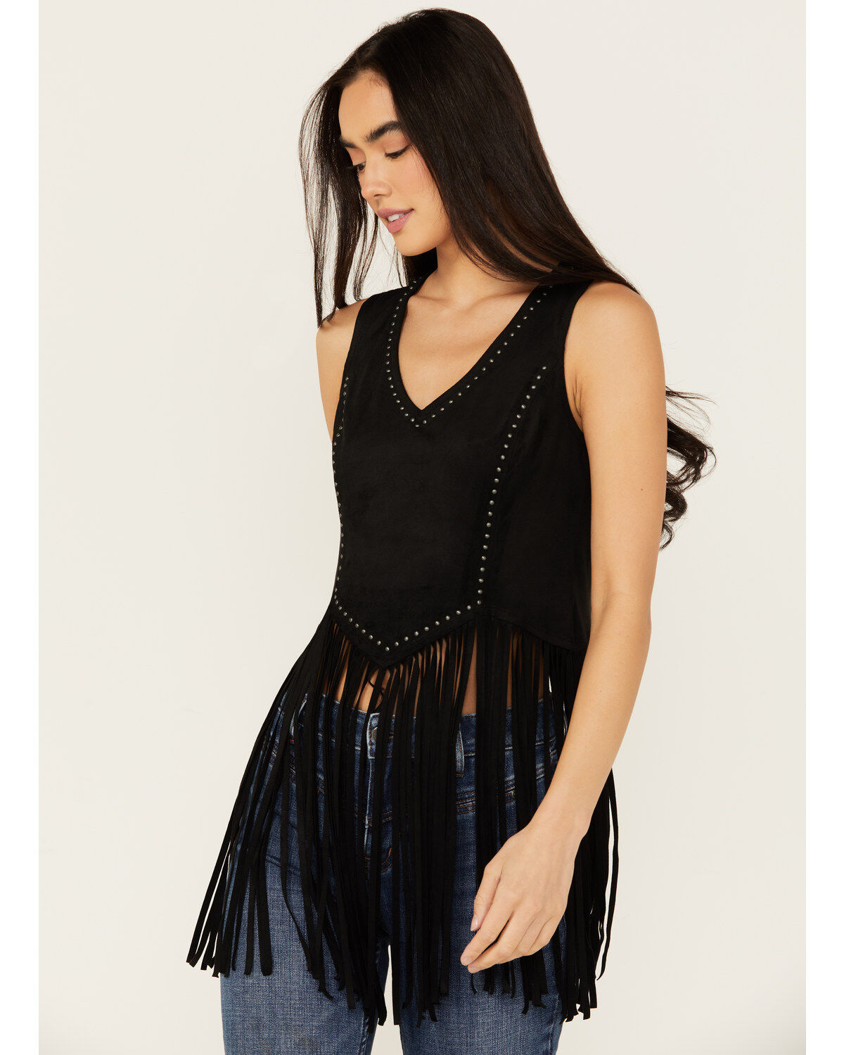 Image #1 - Idyllwind Women's Monticello Fringe Faux Suede Studded Tank, Black, hi-res