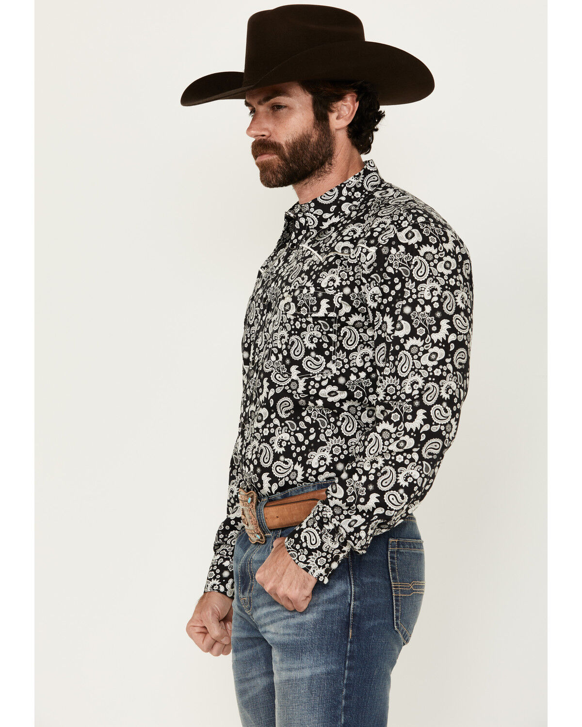 Image #2 - Cowboy Hardware Men's Paisley Print Long Sleeve Snap Western Shirt, Black, hi-res
