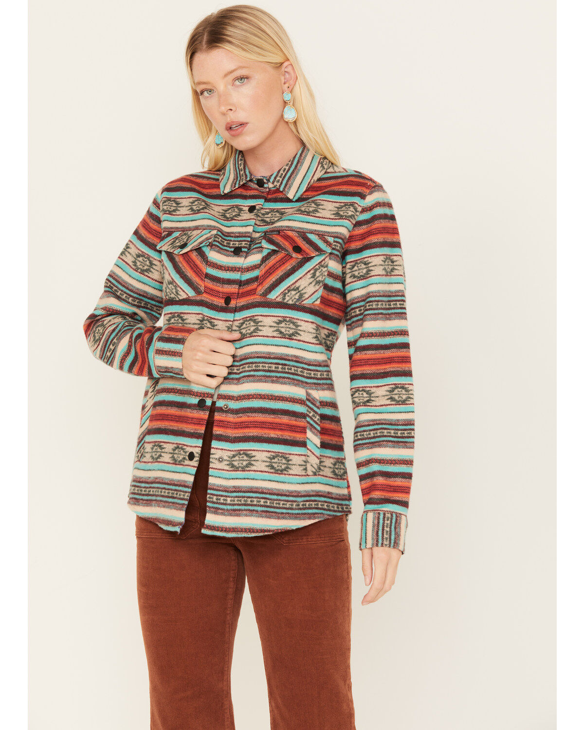 Image #1 - Panhandle Women's Southwestern Stripe Print Shacket, Jade, hi-res