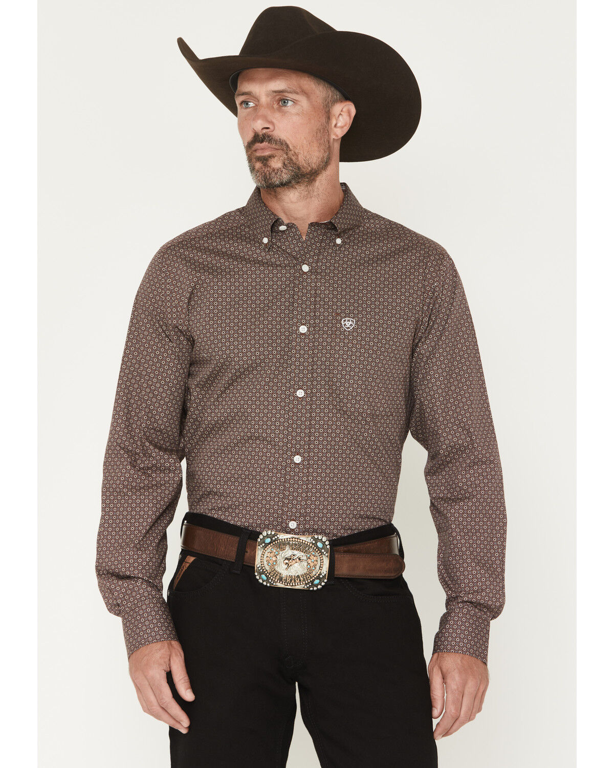 Image #1 - Ariat Men's Wrinkle Free Geo Print Fitted Long Sleeve Button-Down Western Shirt, Brown, hi-res