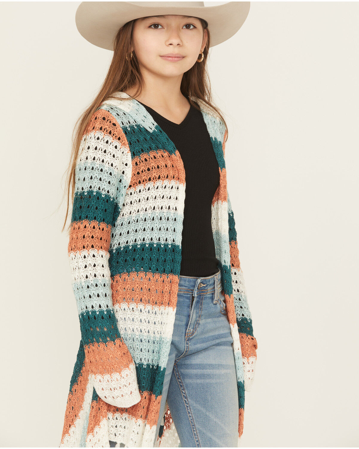 Image #2 - Rock & Roll Denim Girls' Striped Fringe Cardigan, Ivory, hi-res
