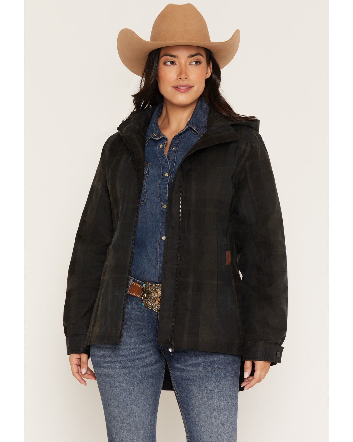 Image #1 - Outback Trading Co Women's Hattie Waxed Plaid Hooded Rain Jacket, Green, hi-res