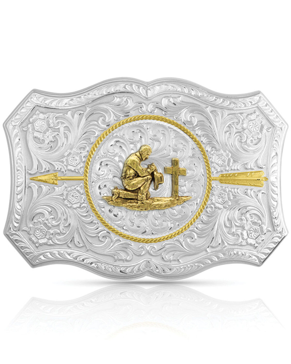 Image #1 - Montana Silversmiths Men's Your Arrow Buckle With Praying Cowboy, Silver, hi-res