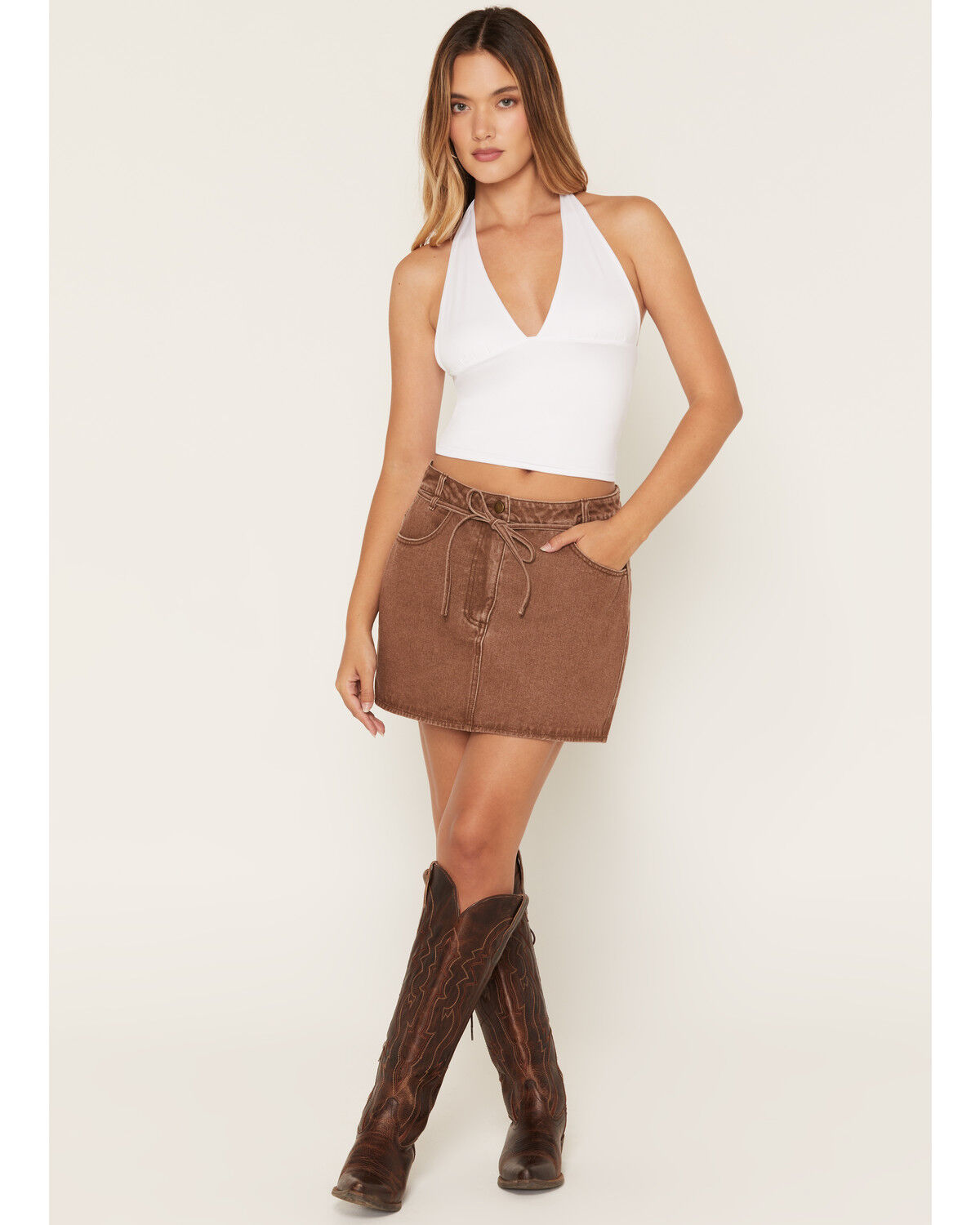 Image #1 - Ashley Women's Boot Barn Exclusive Washed Denim Tie-Front Mini Skirt, Lt Brown, hi-res
