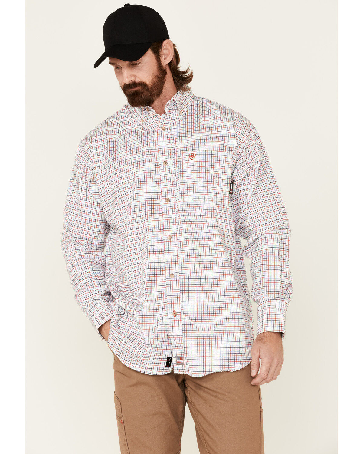 Image #1 - Ariat Men's FR Tattersall Plaid Print Long Sleeve Button-Down Work Shirt - Tall, White, hi-res