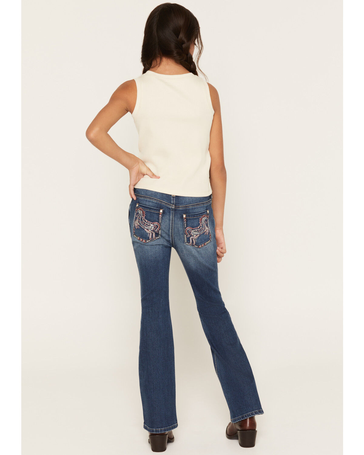 Image #1 - Shyanne Girls' Westend Medium Wash Horse Pocket Bootcut Stretch Denim Jeans, Medium Wash, hi-res