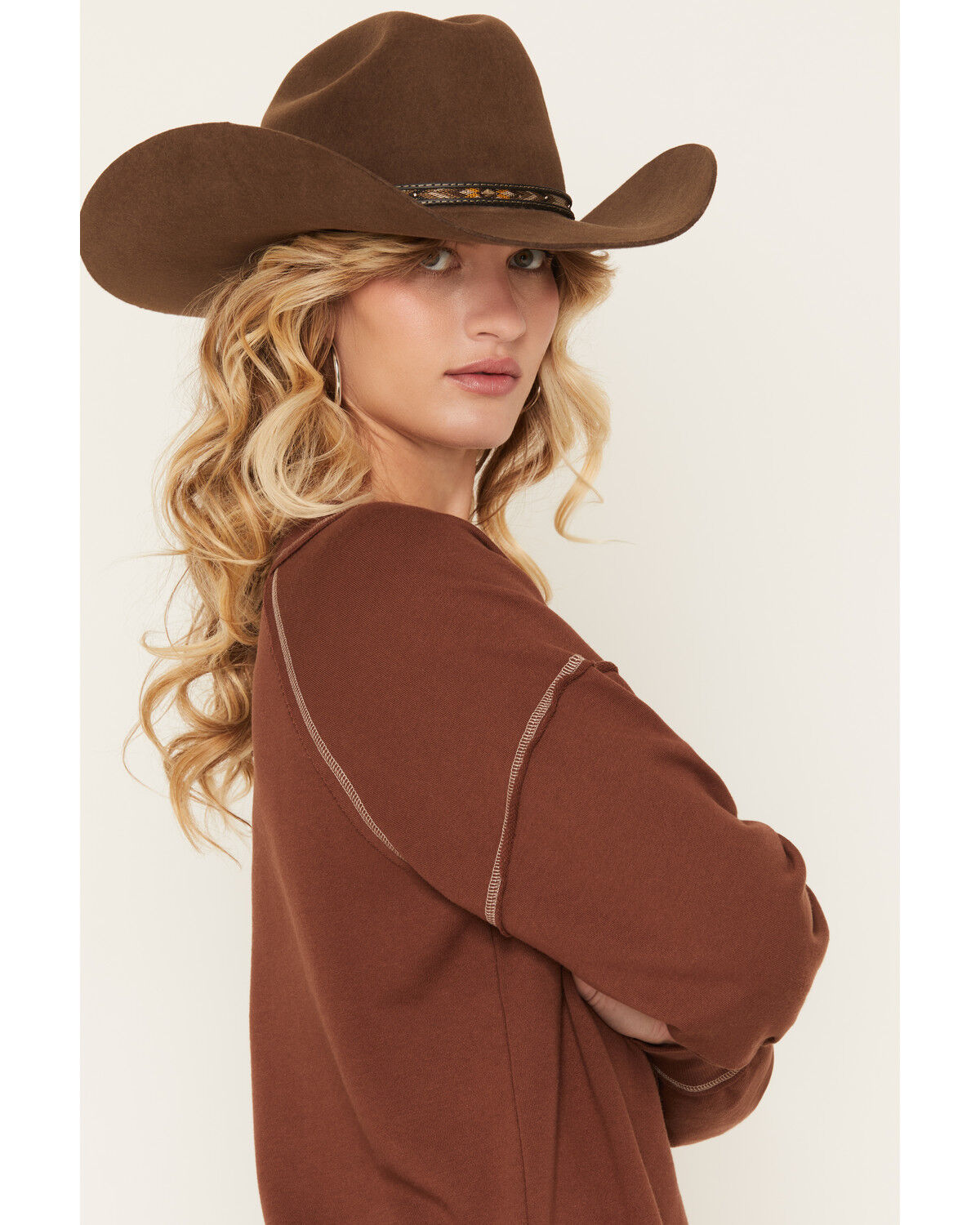 Image #2 - Blended Women's Lace V Neck Sweatshirt, Chocolate, hi-res