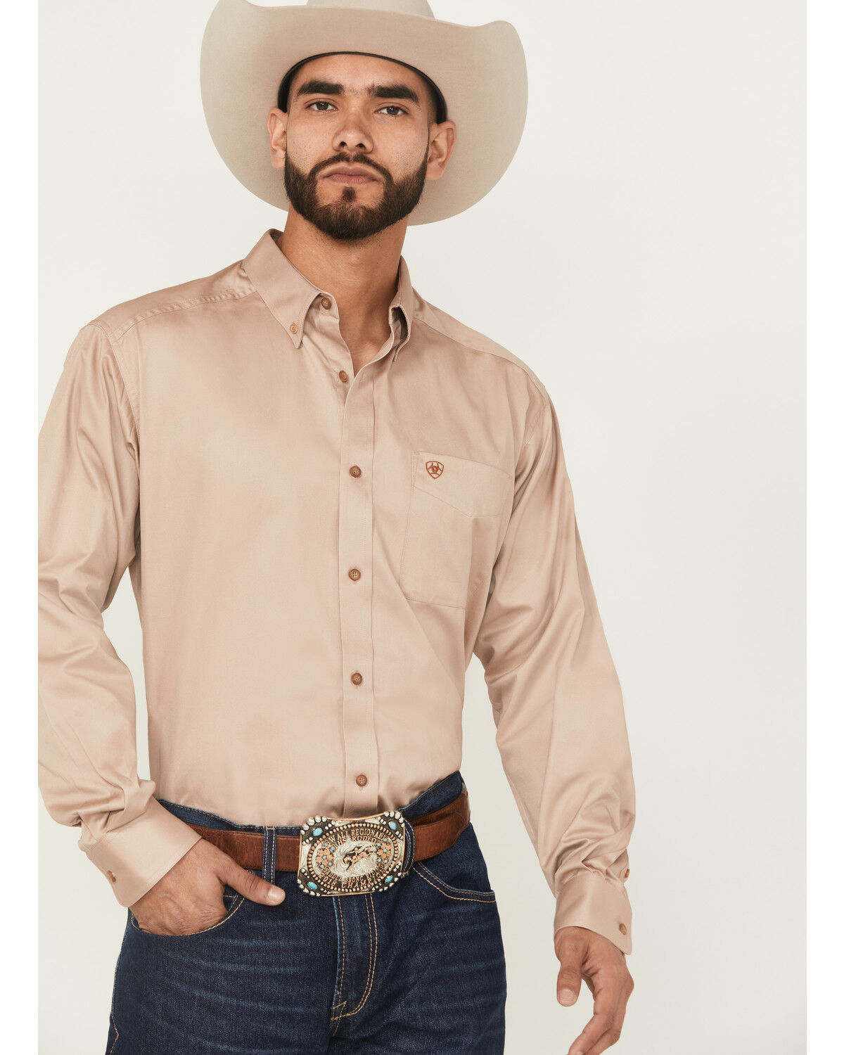 Image #1 - Ariat Men's Khaki Solid Twill Long Sleeve Western Shirt, Khaki, hi-res