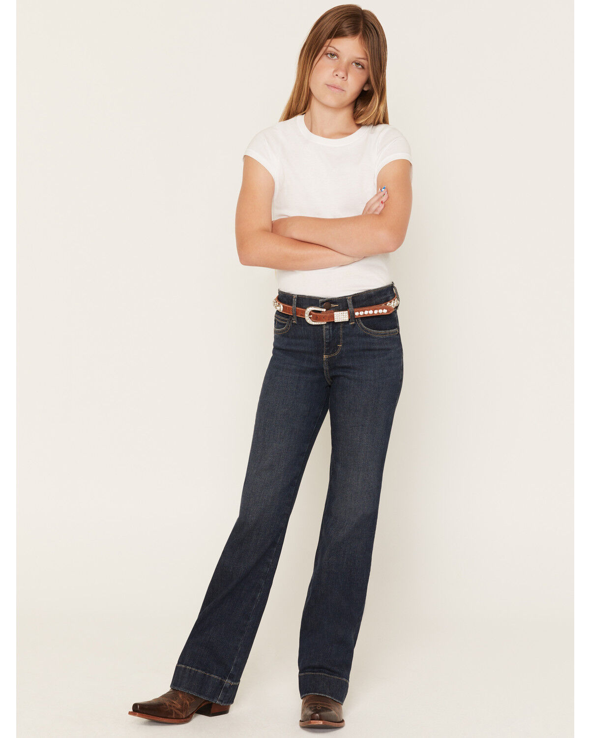 Image #1 - Wrangler Girls' Dark Wash Bespoke Trouser Stretch Denim Jeans, Dark Wash, hi-res