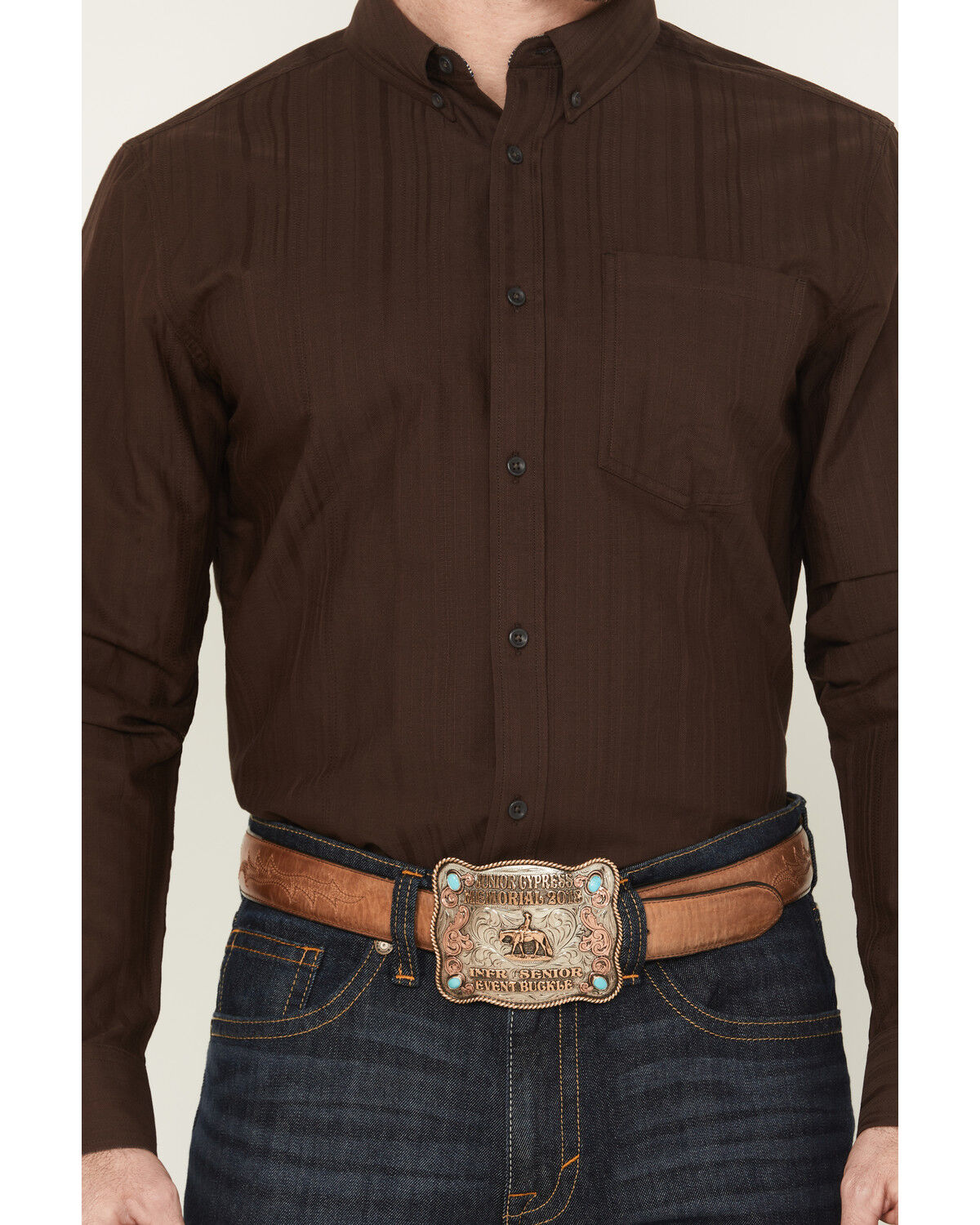 Image #3 - Cody James Men's Old West Tonal Striped Print Long Sleeve Button-Down Western Shirt, Dark Brown, hi-res