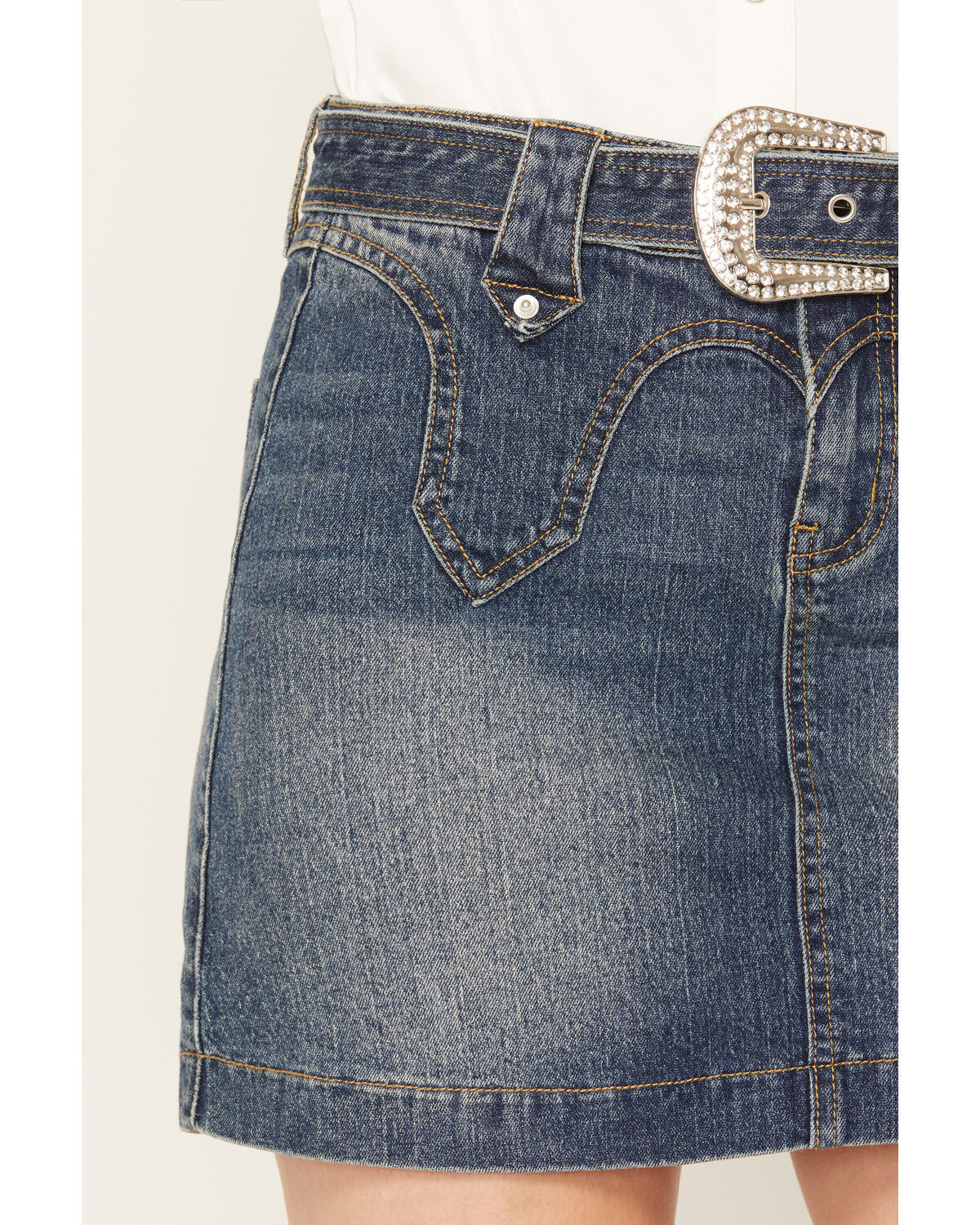 Image #2 - Dakota Blue Women's Dark Wash Belted Western Yoke Denim Mini Skirt, Dark Wash, hi-res