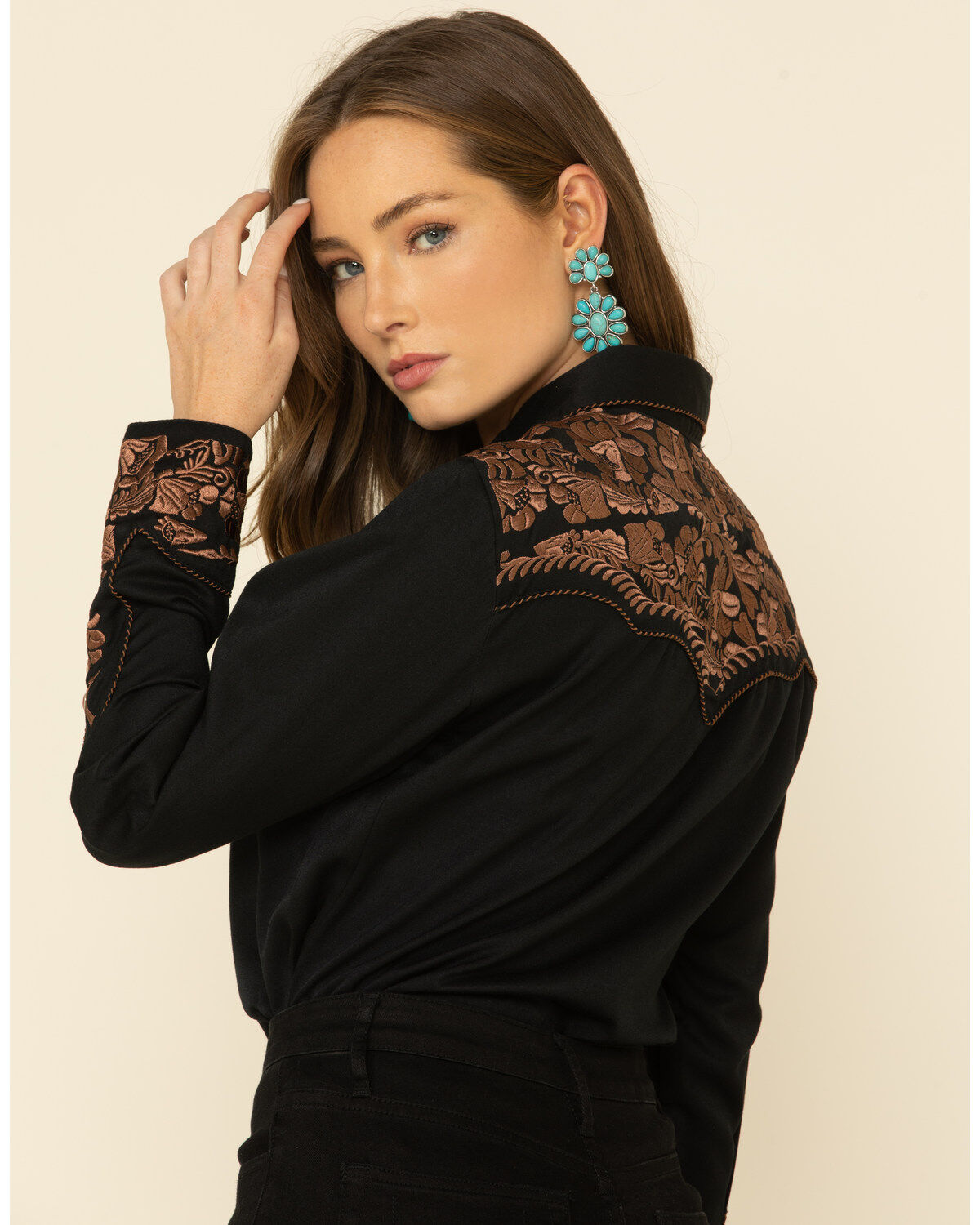 Image #5 - Scully Women's Floral Embroidered Long Sleeve Western Shirt, Black, hi-res