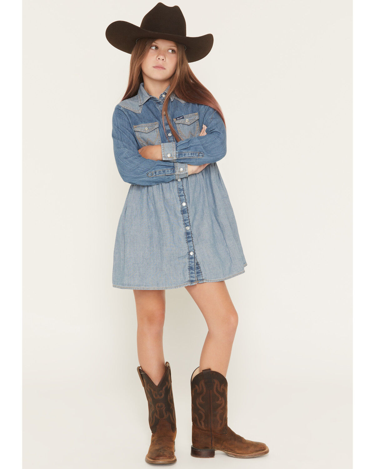Image #1 - Wrangler Girls' Two-Toned Long Sleeve Denim Dress, Blue, hi-res