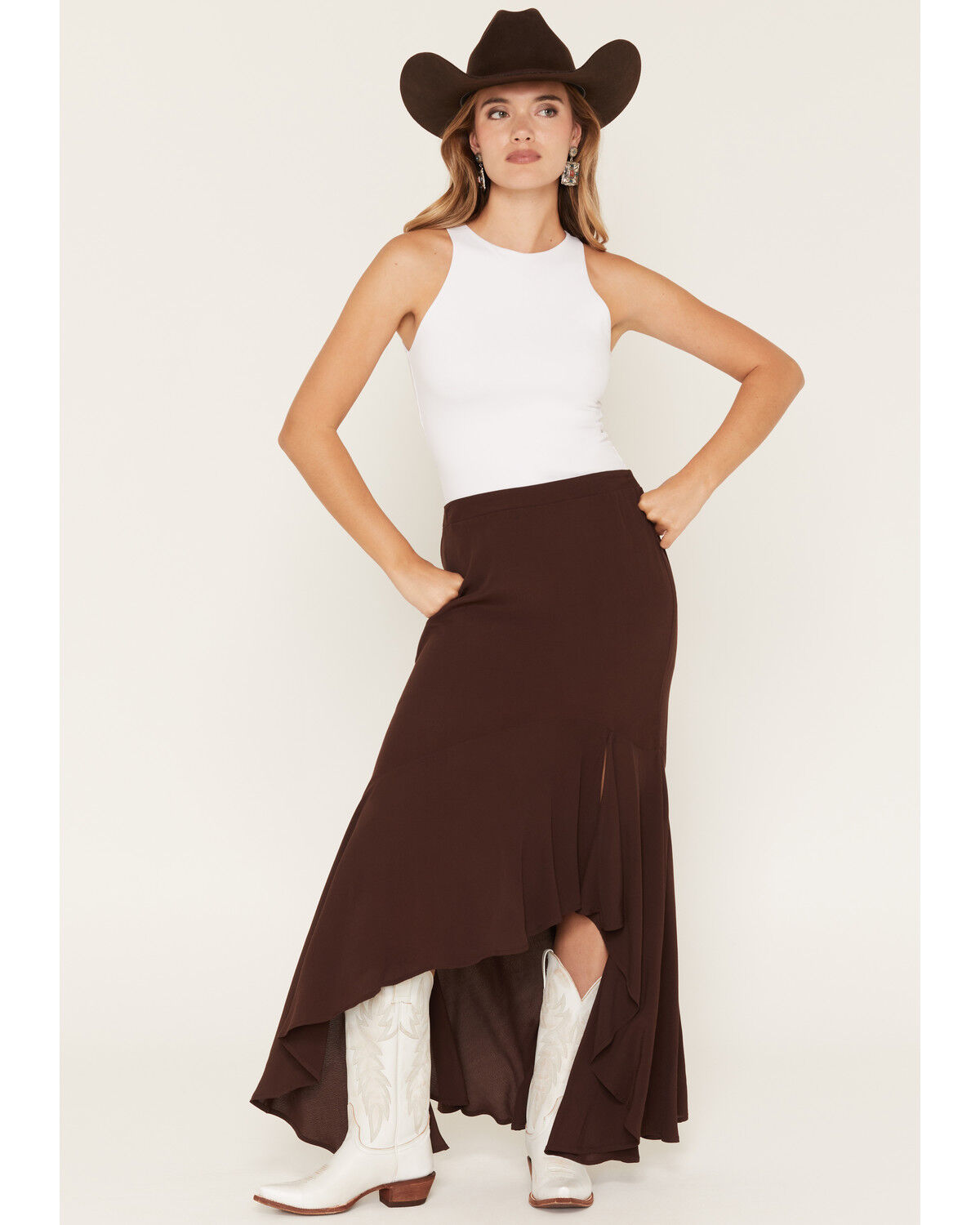 Wild Moss Women's Solid High-Low Skirt, Brown, hi-res