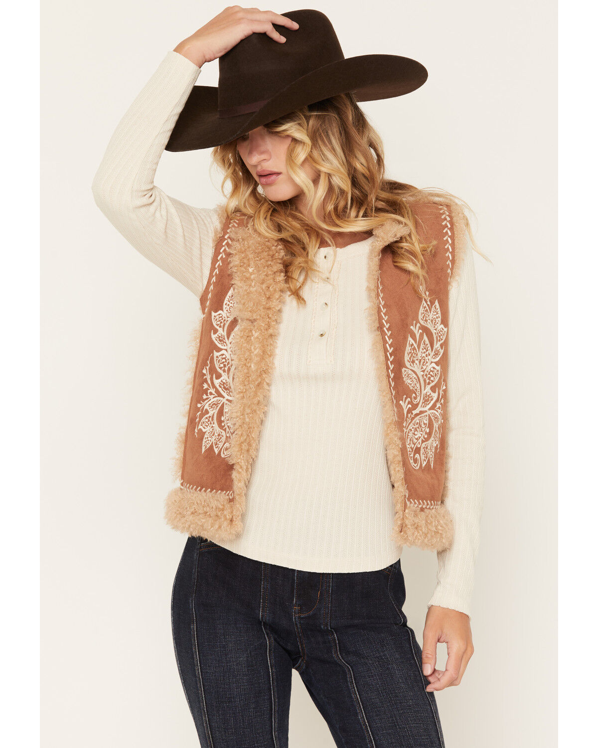 Shyanne Women's Cedar Embroidered Faux Suede and Shearling Bonded Vest, Bark, hi-res