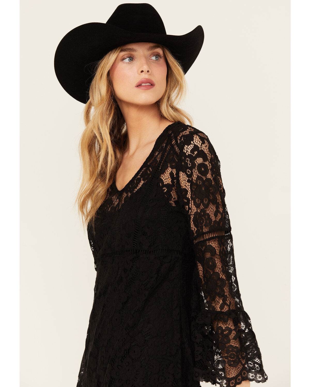Image #2 - Scully Women's Lace Crochet Long Bell Sleeve Mini Dress, Black, hi-res