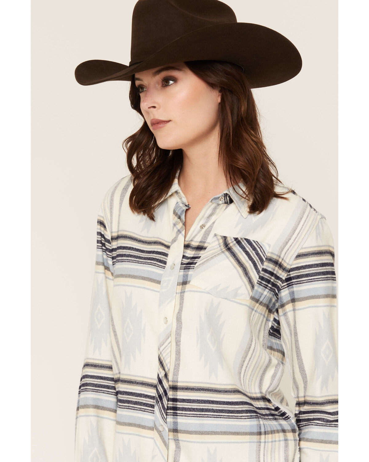 Image #2 - Idyllwind Women's Mayfair Southwestern Plaid Print Long Sleeve Pearl Snap Flannel Shirt, Dusty Blue, hi-res
