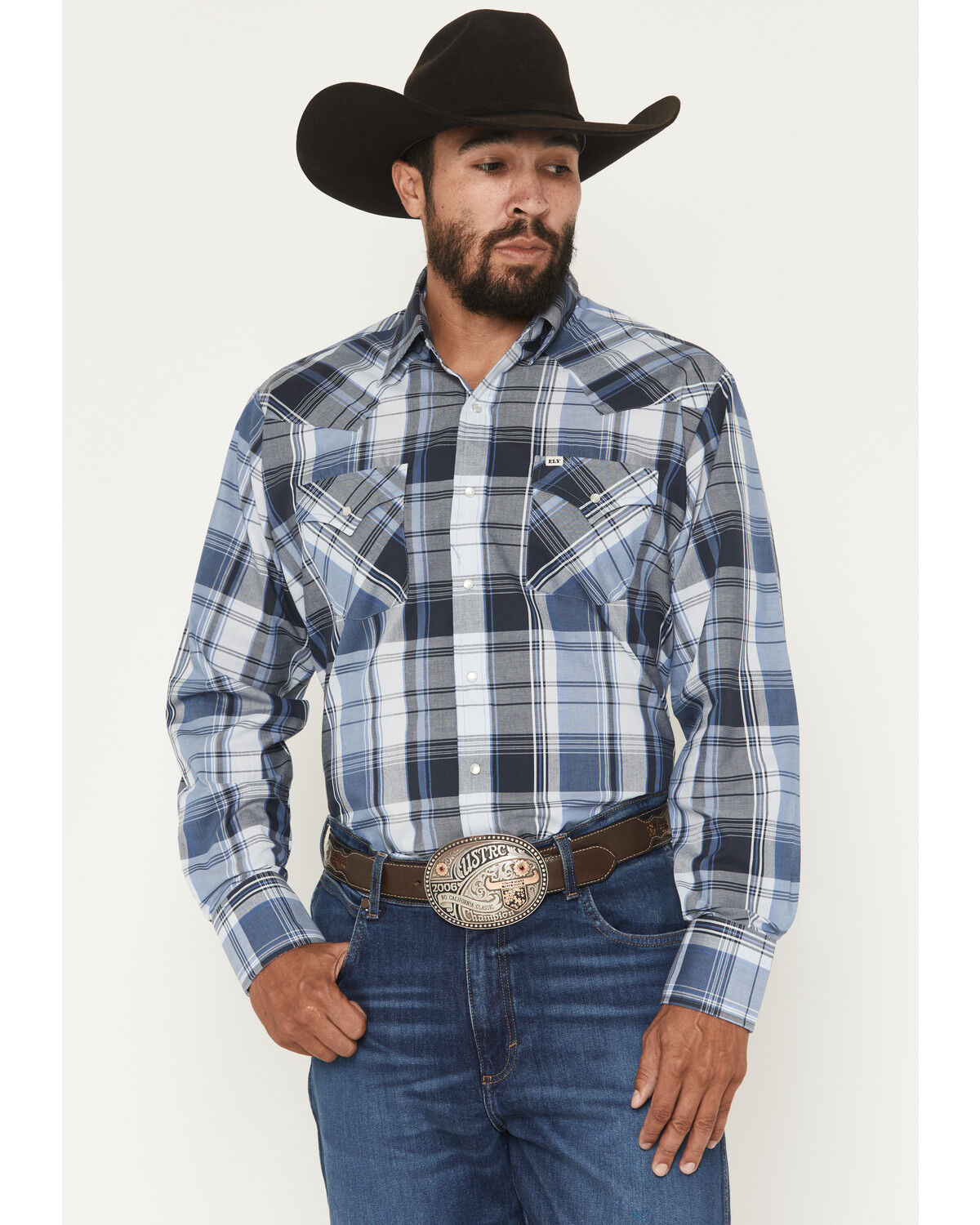 Image #1 - Ely Walker Men's Plaid Print Long Sleeve Pearl Snap Western Shirt, Blue, hi-res
